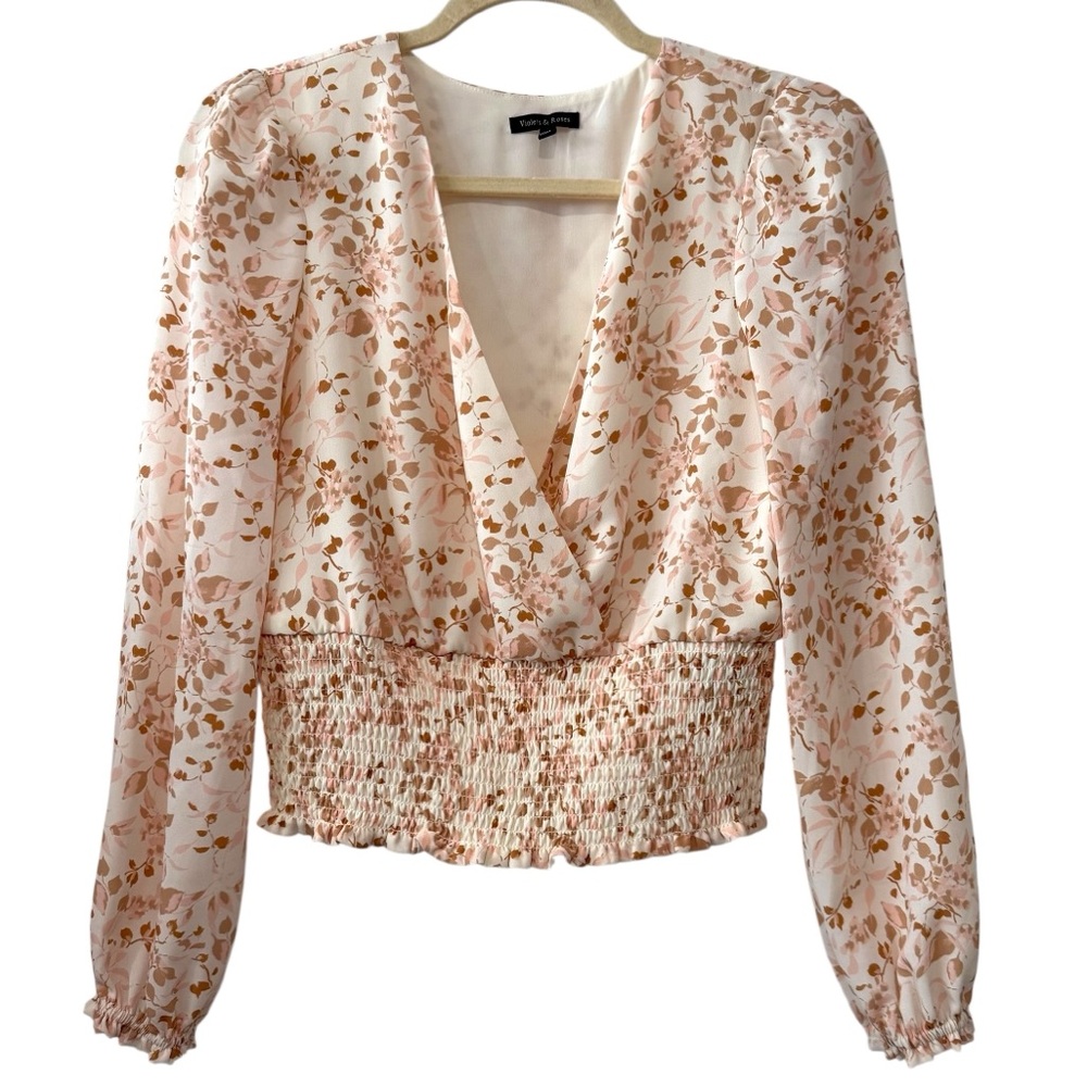 Violets & Roses Medium Petite Pink Floral Smocked Waist Long Sleeve Blouse